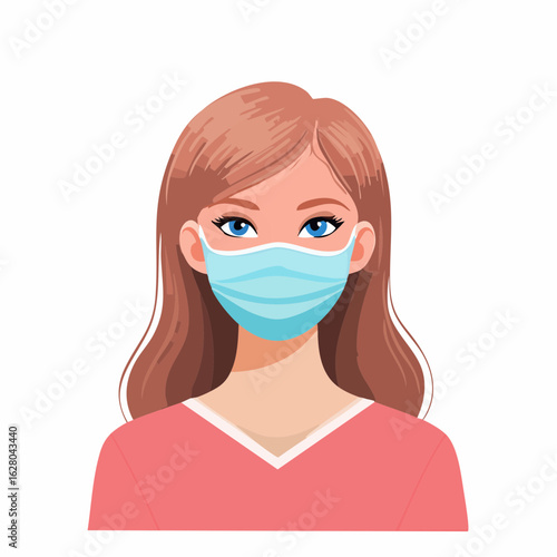 A young woman with brown hair wearing a blue medical mask and a pink shirt, looking directly at the viewer with blue eyes, vector illustration.