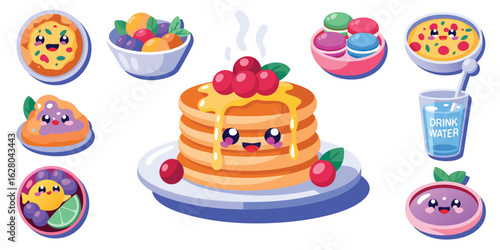 Cartoon Breakfast Food Smiling Pancakes, Macarons, Pizza, and Fruit, with a Glass of Water