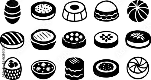 Collection of fifteen assorted stylized sweets and desserts in black and white color palette