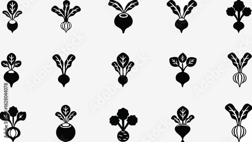 Black and white illustration featuring a pattern of stylized beetroots with varying leaf arrangements