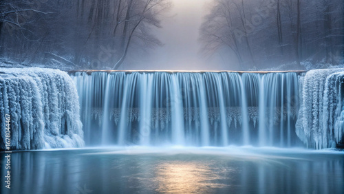 Beautiful winter waterfall scene with icicles and flowing water in a serene landscape