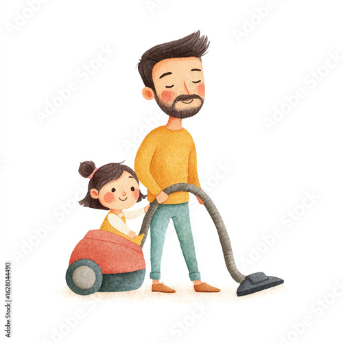 Father and Daughter Teamwork A Watercolor Illustration of a Happy Family Cleaning Together