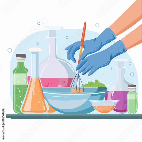Scientific experiment in a laboratory with colorful liquids in beakers and flasks being mixed by gloved hands