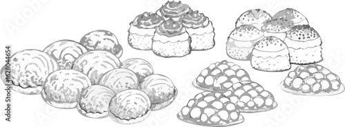 A grayscale illustration showcasing a variety of pastries and desserts arranged in small groups