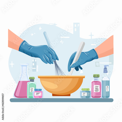 Two pairs of gloved hands mix ingredients in a bowl surrounded by laboratory bottles and jars on a shelf in a brightly lit science laboratory setting