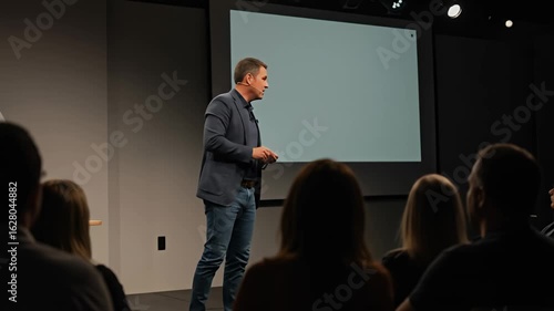 Man in a suit jacket gives a presentation to an audience with a blank screen behind him