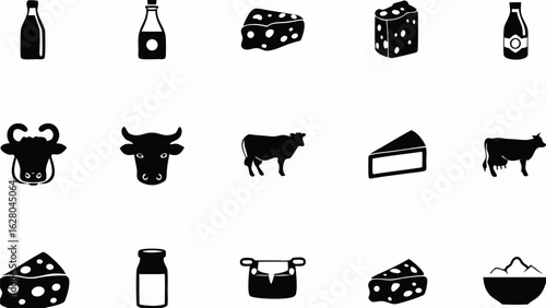 Collection of dairy products including milk bottles cheese slices and cow silhouettes in black and white
