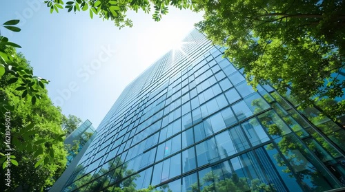 Modern glass building reflecting green trees from low angle, symbolizing sustainable urban architecture, eco-friendly design, and harmony between city and nature.