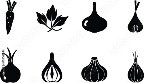 Illustration showing a variety of black and white vegetables including garlic, carrot, and onion