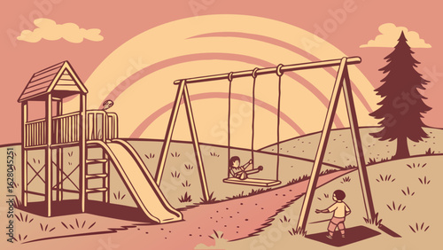 Illustration of a playground with a slide swing set tree and children playing under a stylized sky design