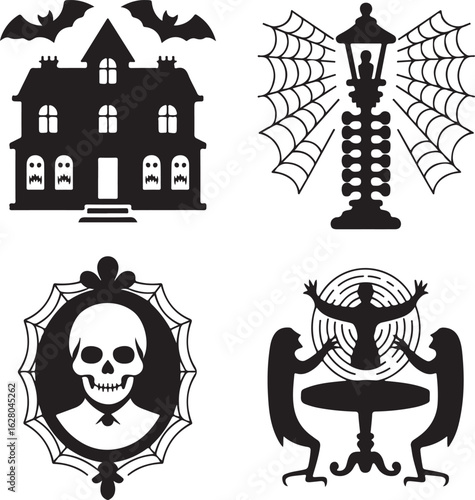 Haunted, house, icon, set, horror, spooky, silhouette, vector, black, isolated, illustration, design, halloween, ghost, gothic, mansion