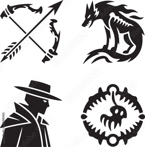 Monster, hunter, icon, set, fantasy, silhouette, vector, black, isolated, illustration, design, horror, warrior, beast, medieval