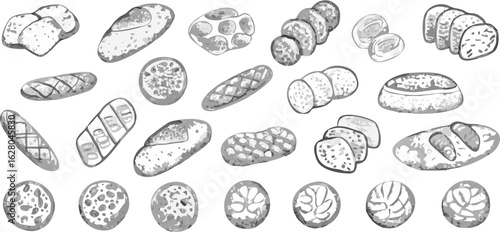 Collection of various types of bread including sliced loaves and round rolls in monochrome style art