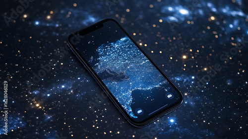 frameless iPhone mockup placed on starry sky backdrop, screen glowing with dark mode map UI.