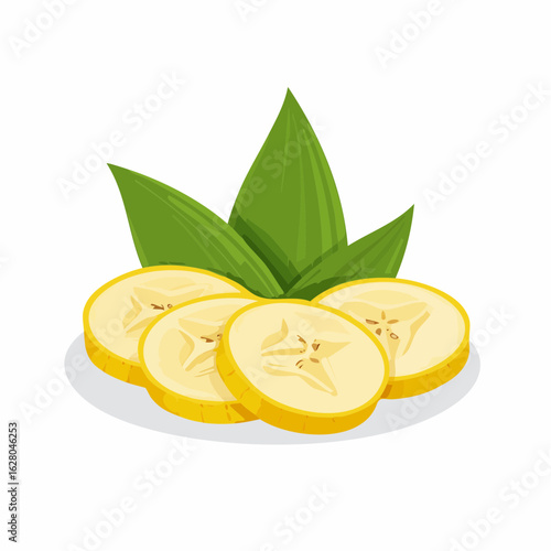 Vibrant banana slices arrangement with fresh green leaves on white background