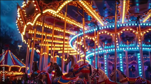 Colorful carousel with illuminated horses and vibrant lights creating a festive atmosphere at night