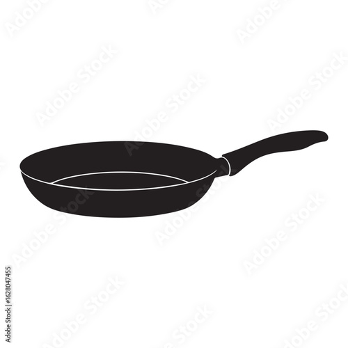 A black kitchen frying pan with a handle presented in a simple silhouette style
