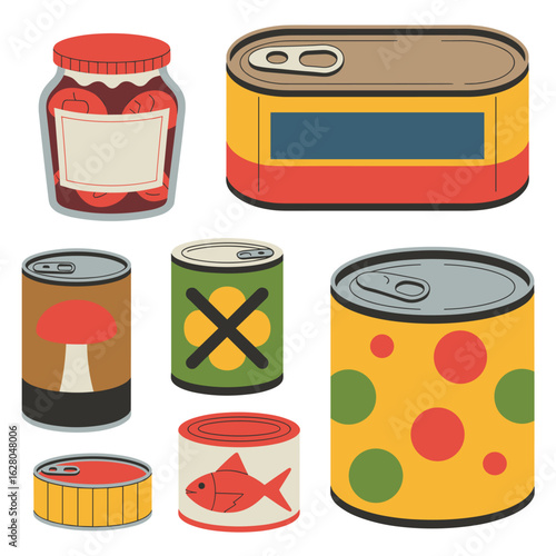 Collection of assorted canned goods and jar of preserves on white background canned food