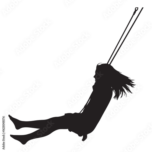 Young girl enjoying a joyful swing ride against a bright white background silhouette