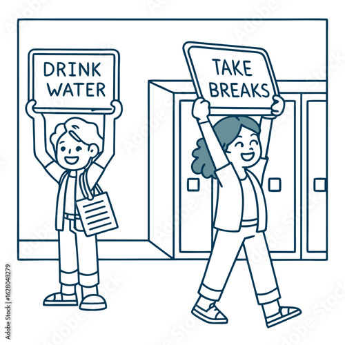 Two students holding signs with messages drink water and take breaks in front of school lockers