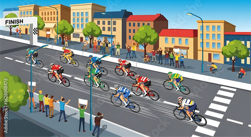 Vibrant depiction of a cycling race with enthusiastic spectators cheering the competitors on a sunny day near the finish line in an urban setting showing athletic performance