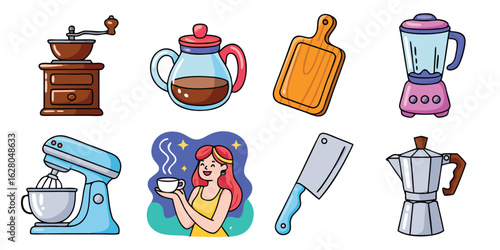 Cartoon Kitchenware Collection Coffee Grinder, Carafe, Cutting Board, Blender, Mixer, Coffee Drinker, Cleaver, Moka Pot