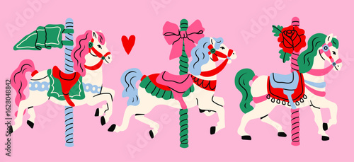 Carousel horses set. Cute bright colorful merry go round horses. Retro vintage carousel style. Hand drawn modern Vector illustration. Isolated design elements. Print, logo, sticker templates