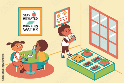 Children enjoying healthy snacks and drinks in a brightly lit cafeteria with motivational posters displayed