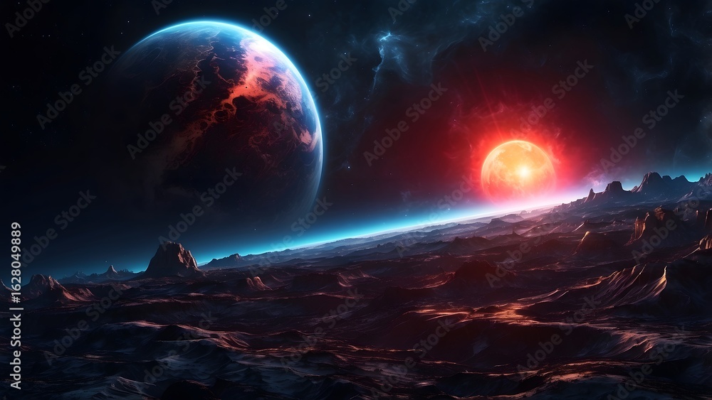 Obraz premium A dark moon casting faint shadows on a glowing gas giant.Cinematic theme, HDR, Vibrant