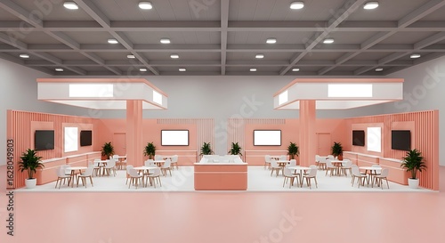 Wallpaper Mural Salmon-colored exhibition stand with tables, chairs, screens, and plants in a spacious hall Torontodigital.ca
