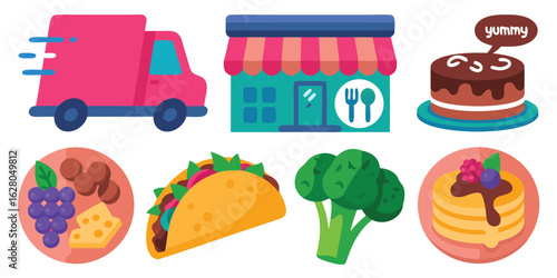 Colorful Cartoon Food Icons Featuring Delivery Truck, Restaurant, Cake, Cheese Plate, Taco, Broccoli, Pancakes