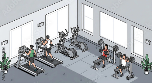 Isometric view showcasing a modern gym with individuals engaged in various exercises, including treadmill running, elliptical workouts, and weightlifting exercises demonstrating an active lifestyle