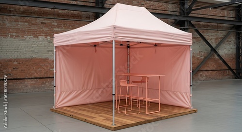 Wallpaper Mural Salmon-colored tent with table and chairs on wooden platform against brick wall Torontodigital.ca