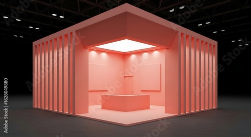 Wallpaper Mural Salmon-Hued Exhibition Booth with Vertical Slats and Central Counter, Lit by Overhead Panel Torontodigital.ca