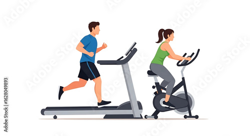 A man running on a treadmill and a woman on a stationary bike exemplify indoor fitness training promoting health and well-being in a modern lifestyle illustration