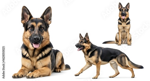 Wallpaper Mural Three German Shepherds: Lying, Walking, and Sitting on a White Background Torontodigital.ca