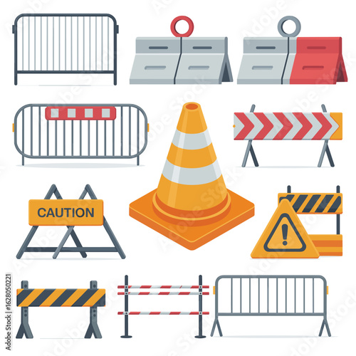 Collection of traffic safety and construction barriers with caution sign traffic barrier safety barrier