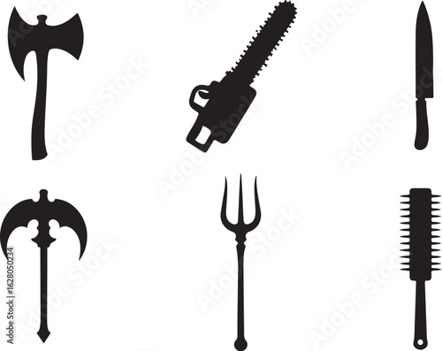 Sharp tools collection: axe, chainsaw, knife, trident, comb