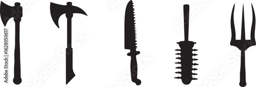 Sharp tools collection striking action silhouette icons