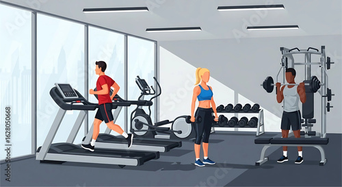 Diverse individuals engaging in fitness activities within a modern gym setting, showcasing various exercise equipment and emphasizing a commitment to health and wellbeing