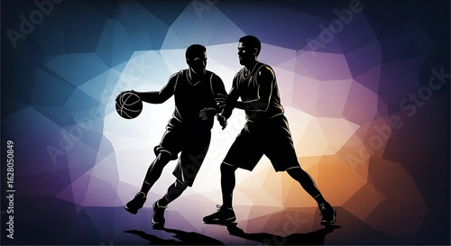 Dynamic Basketball Duel: Silhouette Players in an Abstract Arena, representing intensity, competition, and skillful athleticism on a polygon-patterned background