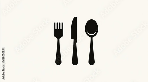 Three black utensils fork, knife, and spoon, arranged side-by-side, flat lay composition