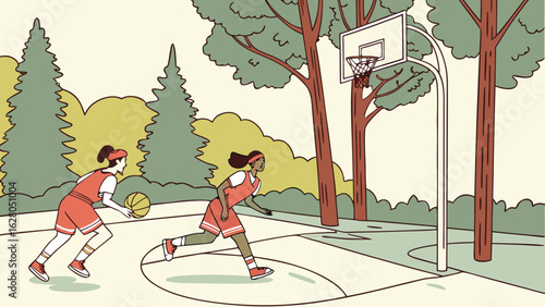 Two female basketball players practicing on an outdoor court surrounded by trees and a basketball hoop