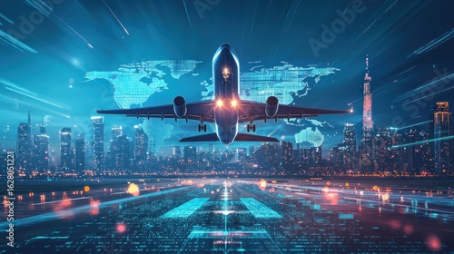 Technology digital future of commercial air transport concept, Airplane taking off from airport runway on city skyline and world map background with copy space, Moving by speed motion blur effect