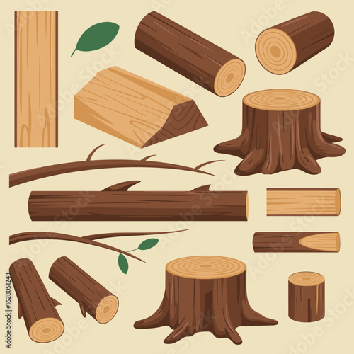 Collection of various wooden elements and tree stumps on a light background lumber timber