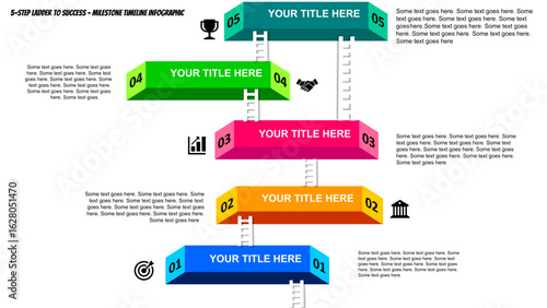 5-step ladder infographic template with 3D colorful blocks and icons – editable vector for PowerPoint, business success planning, growth strategy, timeline, workflow, and step-by-step process presenta