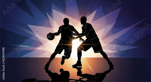 Dynamic basketball showdown: Silhouette players in a high-energy game with striking light effects emphasizing competition and agility on a vibrant geometric background