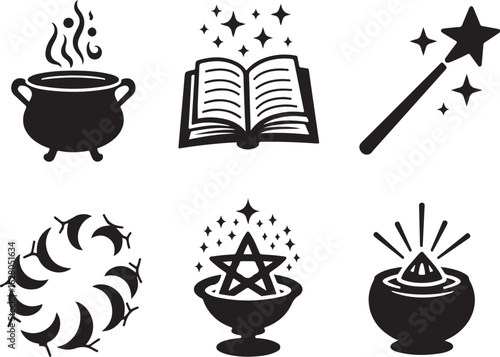 Magical icons spellbook cauldron wand star potion elements