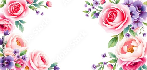 Whimsical watercolor floral wreath; pink roses, violet & cream peonies, fantasy wedding bouquet border, botanical, bouquet