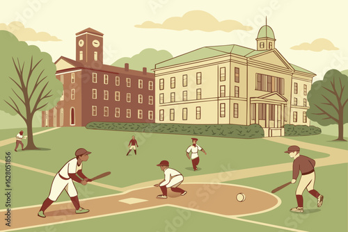 Baseball game on a college campus with players buildings trees and a baseball field in the daytime scene